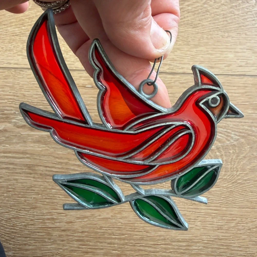 Vintage Red Cardinal Stained Glass Suncatcher Bird Window Hanging Ornament 4